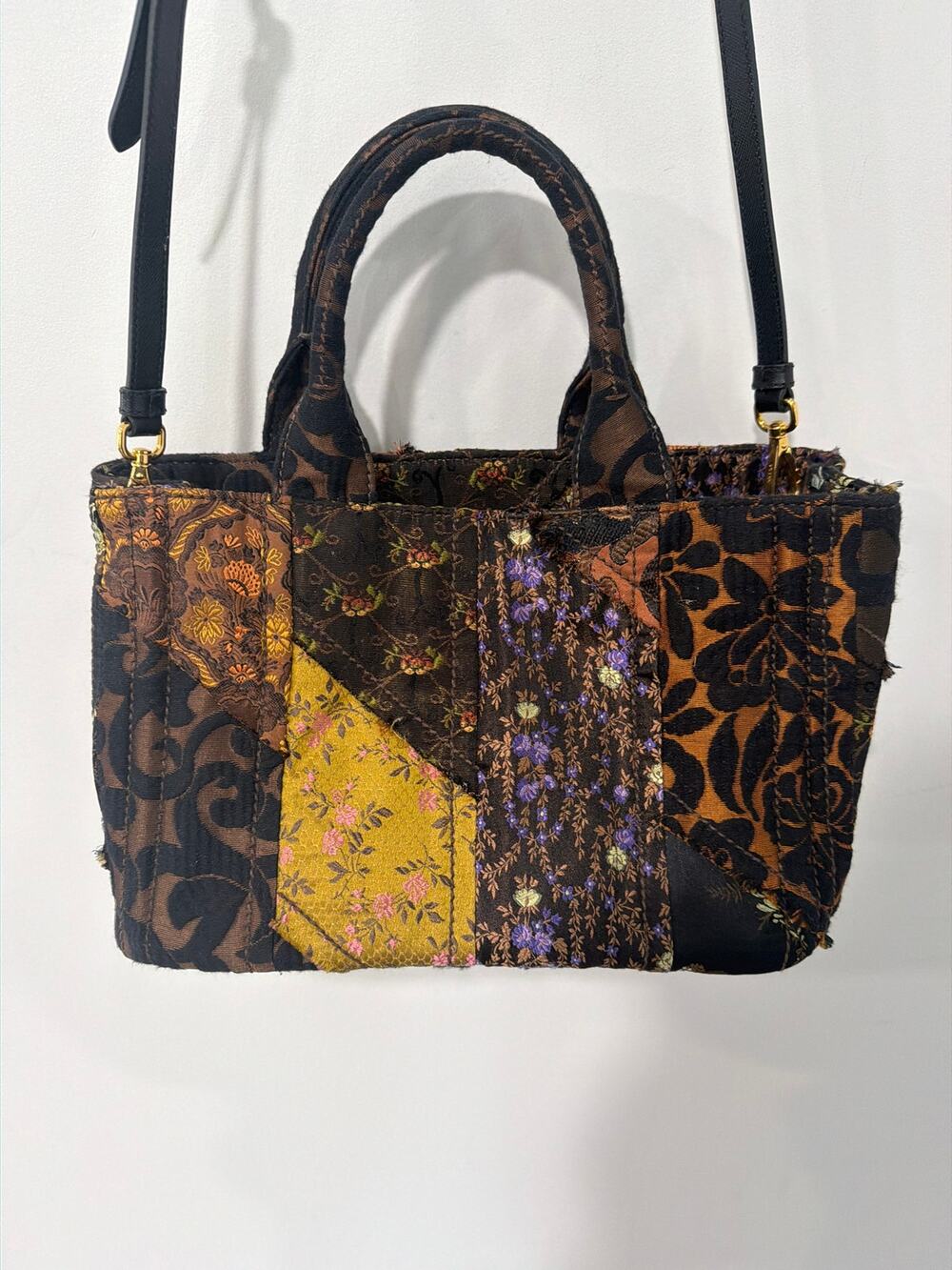 Vintage PRADA Broccato Patch Satchel Bag Saffiano Leather Trim 2015